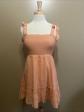 aerie Peach Smocked Tie-Shoulder Dress